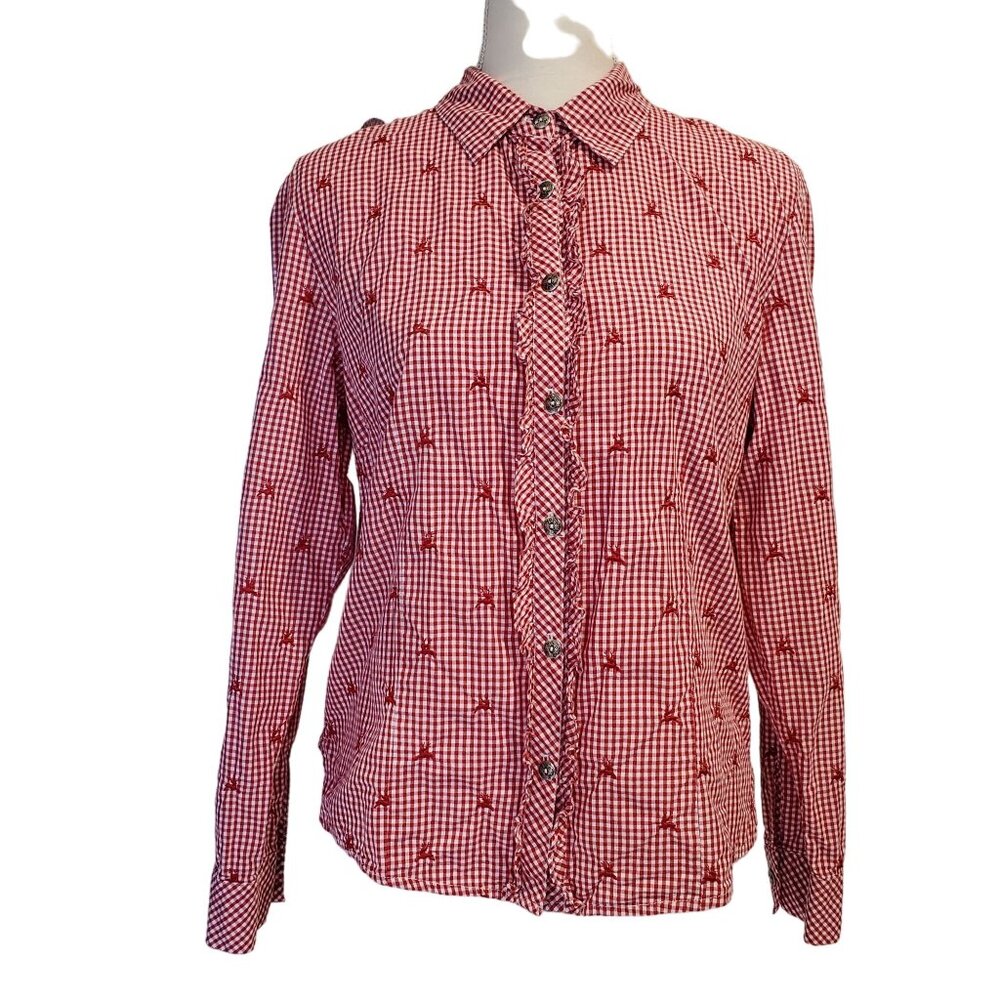 Vintage Country Line Red & White Reindeer Ruffle Button Top Women's Small